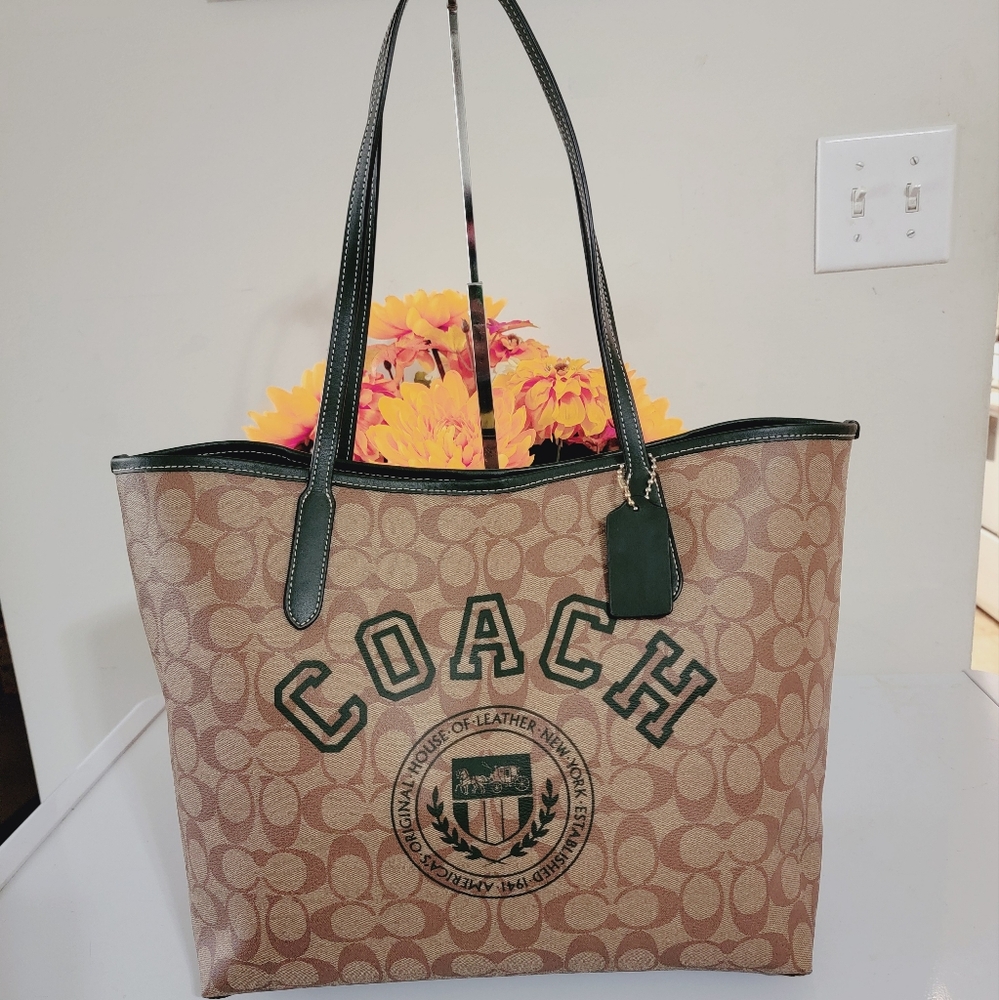 PRICE CUT   Coach Tan and Green Large Tote Bag; excellent condition
